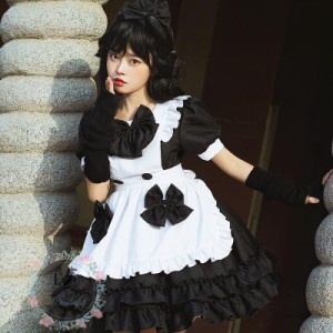 メイド服 ワンピース レディース コスプレ クラシカル ロイヤルメイド ロリータ フリル クラシカル 髪飾り 膝丈 エプロン 黒白 制服 喫茶