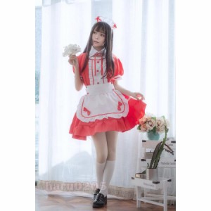 メイド服 ワンピース 半袖 黒白 レッド レディース コスプレ 膝丈 エプロン クラシカル ロイヤルメイド ロリータ フリル クラシカル 制服