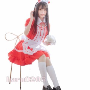 メイド服 ワンピース 半袖 黒白 レッド レディース コスプレ 膝丈 エプロン クラシカル ロイヤルメイド ロリータ フリル 制服 喫茶店変装