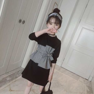 【在庫限り】子供服 ジュニア服 キッズ服 ワンピース 女の子 長袖 子供ドレス キッズ ジュニア 膝丈ワンピース 丸首 リボン カジュアル