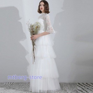 パーティードレス ロングドレス ウェティグドレス 結婚式 Aラインドレス 安い 大きいサイズ 二次会 海外挙式 花嫁 ドレス エンパイア　袖