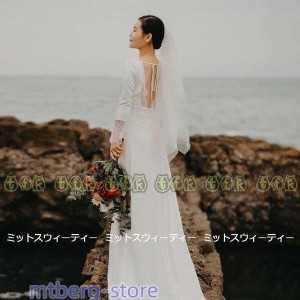 ウエディングドレス ロングドレス 結婚式 ウエディングドレス 長袖 二次会 花嫁 前撮り エレガント サテン ホワイト シンプル リゾート 