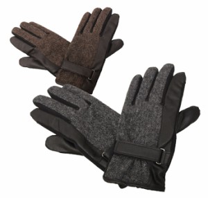 手袋 メンズ、紳士、スマホ タッチパネル対応ベルト付きツイード＆合皮＆マイクロスエード