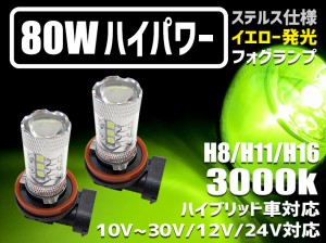 ステルス仕様【ハイブリッド,EV,12v,24v全て対応】LEDフォグランプ 80W イエロー色発光 雨・霧・雪対応3000K H8/H11/H16/HB3/HB4/PSX26