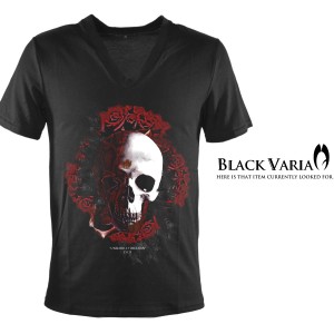 メール便可/1枚まで Tシャツ 半袖 ドクロ薔薇バラ孔雀フェザー Vネック(ブラック黒) zkh230/ヘビ蛇レッド赤パイソン柄スカルカットソー