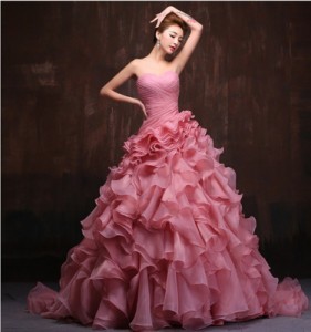 ピンク ウェディングドレス カラードレス ロングドレス パーティードレス ビスチェ トレーン 結婚式 発表会 オーダーサイズ可能 H020