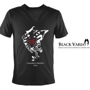 メール便可/1枚まで Tシャツ 半袖 スカル髑髏ブラッディレッド赤ハートプリント Vネック(ブラック黒) zkh181/ドクロボディカットソー