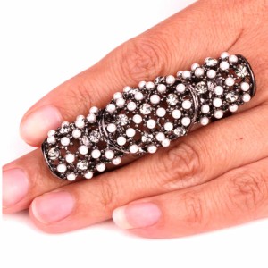 ブラックパールビジューアーマーリング 黒色の指輪 真珠 ジルコニア メンズ レディース ペアリング 関節の指輪 ファランジリング コスプ
