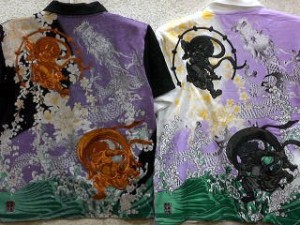 カラクリ魂 　和柄 半袖ポロシャツ  風神雷神刺繍　KARAKURI