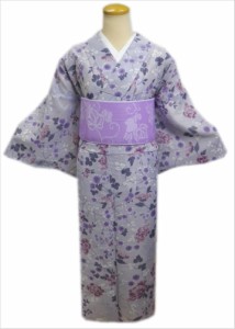 洗える絽(夏物)着物と紗半巾帯(細帯)セット薄グレー地牡丹小花M・L