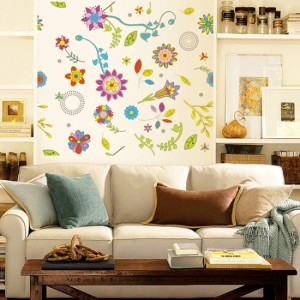 ウォールステッカー カラフルフラワー 花柄 壁シール 南欧 ファブリック調 色とりどり エスニック 貼り直せる 大きい 壁ステッカー
