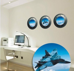 ウォールステッカー 3D窓から 戦闘機 青空 壁シール トリックアート お得な3枚セット かっこいい 飛行機 貼り直せる ウォールシール