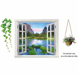 ウォールステッカー 窓 山と河川の風景 鉢植えと花 壁シール 癒される 景色 綺麗な 緑 ブルー 自然 開放感 はがしやすい 壁ステッカー