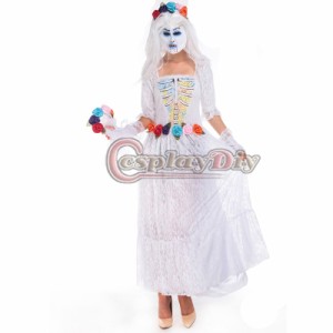 高品質 高級コスプレ衣装 ハロウィン デイ・オブ・ザ・デッド 風 オーダーメイド Ghost Zombie Bride White dress Sexy Day of the Dead