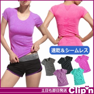 【メール便/送料無料】速乾ストレッチ Tシャツ シームレス ジム フィットネス ヨガ ランニング*トップス[即納即日発送あす着]