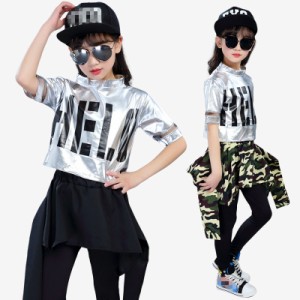 ヒップホップダンス衣装2点セットアップ迷彩柄サルエルパンツ女の子プリント半袖Tシャツ子供ジャズダンスウェア舞台演出服チアガール