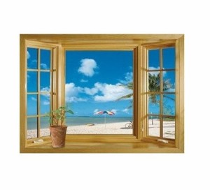 ウォールステッカー 窓 青空とビーチの風景 壁シール 海 常夏 開放感 白い雲 明るい 海水浴 貼り方簡単 はがしやすい 壁ステッカー