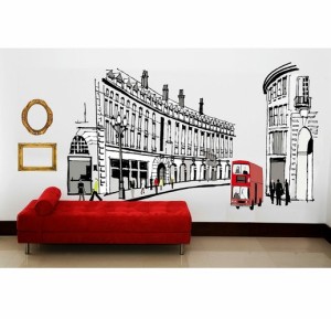 ウォールステッカー ロンドンの街並み 壁シール イギリス 欧風 ヨーロッパ 風景 赤いバス お洒落な カフェ風 英国 はがせる 壁ステッカー