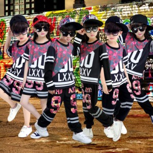 子供舞台演出服キッズダンスウェア2点セットアップHIPHOP女の子男の子パンツ+シャツ　ヒップホップ　ジャッズダンス衣装学園祭