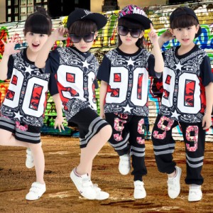 子供舞台演出服キッズダンスウェア2点セットアップHIPHOP女の子男の子パンツ+シャツ　ヒップホップ　ジャッズダンス衣装学園祭