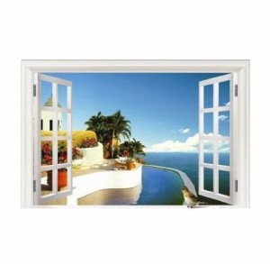ウォールステッカー 窓 地中海の海辺 壁シール 青空の風景 欧風 景色 ブルー 開放感 部屋のもよう替えに 剥がせる インテリアシール