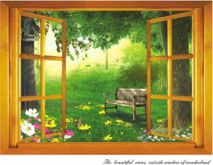 ウォールステッカー 窓 ビューティフルガーデン 壁シール 花と緑の風景 癒される ベンチと美しい庭 はがせる インテリアシール