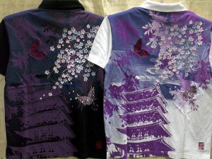 絡繰魂　カラクリ魂 　和柄 梨地　半袖ポロシャツ  五重塔に桜蝶刺繍　KARAKURI