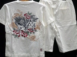 絡繰魂　カラクリ魂　和柄　半袖Ｔシャツ上下セット　唐獅子牡丹・ドクロ　総刺繍　KARAKURI