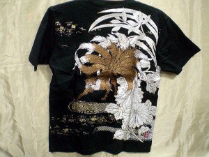カラクリ魂  和柄 半袖Tシャツ 九尾の狐刺繍　KARAKURI