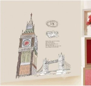 ウォールステッカー イギリス 時計台とロンドン橋 壁シール 手書き風 北欧 風景 英国 へやの模様替えに 貼って剥がせる 壁ステッカー