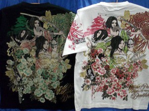 絡繰魂  和柄  抜刀娘　半袖Ｔシャツ　凛＆一華＆穂乃香　ぶらり城下町　カラクリ魂