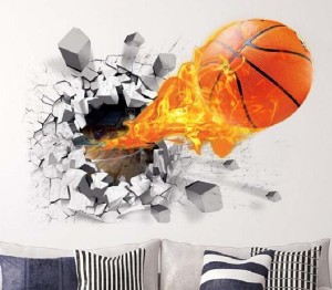 ウォールステッカー 壁を破るバスケットボール 3D 壁シール お洒落な 火を噴く球 ３次元 だまし絵 貼り直せる ウォールシール