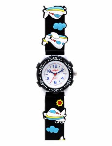時計子供用 キッズ腕時計 子供用腕時計 キッズ時計　キッズウォッチ(黒/飛行機)　時計 子供用時計入園　入学　幼稚園　保育園　小学校 