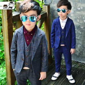 キッズ男の子フォーマルスーツセット　タキシード子供服ジャケット+パンツ+ベスト+シャツ4点上下セット結婚式チェック柄幼稚園中小生