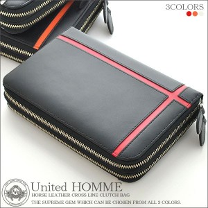 セカンドバッグ United HOMME 馬革クロスラインクラッチバッグ ダブルラウンドファスナー 通勤 通学 クリスマス ギフト