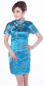 中華伝統柄・龍凰柄 ショート丈 チャイナドレス ブルー色