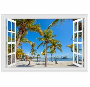 ウォールステッカー 窓 ヤシの木とビーチの風景 青空 壁シール 開放的 まるでリゾート地 ココナッツ 海沿い 剥がせる 壁ステッカー