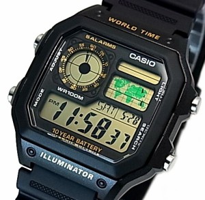 CASIO【カシオ/スタンダード】デジタル 世界地図表示ワールドタイム メンズ腕時計 ブラックラバーベルト 海外モデル AE-1200WH-1B（送料