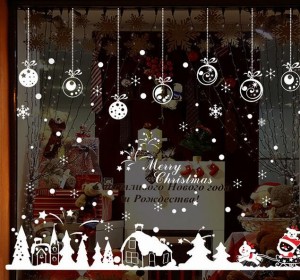 ウォールステッカー クリスマス 雪の街 壁シール サンタクロース トナカイ 雪の結晶 白 赤色 はがせる デコレーションステッカー