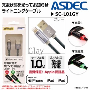 iPhone ケーブル 充電 Lightning SC-L01GY【0020】ライトニング対応 データ転送可能 MFi認証 1m グレー ASDEC アスデック