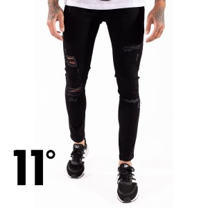 イレブンディグリーズ 11Degrees ダメージジーンズ Sustainable Distressed Jeans Skinny Fit ジェットブラックウォッシュ ストレッチ デ