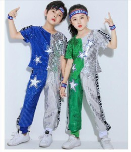 ヒップホップ チアダンス 子供 韓国 ジャズダンス 団体服 ダンス衣装 スパンコール キッズ チアガール 女の子 男の子 トップス セットア