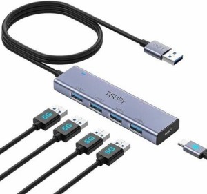 TSUPY USB3.0ハブ 5ポート ，USB HUB 120CM延長ケーブル USB ハブ3.0 アルミシェル セルフ/バス両対応 5GBPS高速転送 USB-A 4ポート USB-