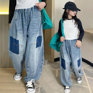 デニム パンツ キッズ ダンス 衣装 ワイドパンツ 女の子 子供服 ジーパン ウエストゴム ジーンズ 長ズボン ロングパンツ ジュニア