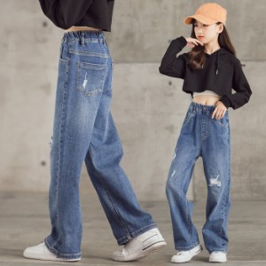 子供服 デニム パンツ ダメージ ジーンズ 女の子 デニム パンツ ファッション感 ジーンロングパンツ 子供ボトムス ダメージ ジーンズ