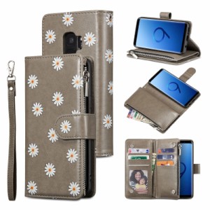 QLTYPRI Samsung Galaxy S9 ケース ギャラクシーs9 用 ケース 財布型 手帳型 ケース 可愛い 花 雛菊 デージー プリント ファスナー スト