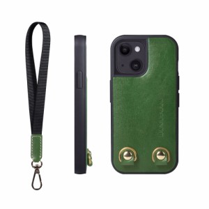 [HANATORA] iPhone ケース イタリアンレザー 本革 ダブルストラップホール ハンドストラップ付属 TGN-13Mini-Green グリーン iPhone 13 m