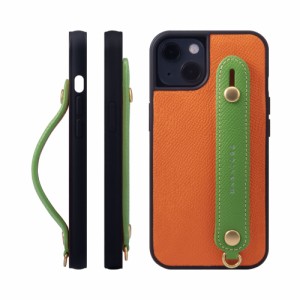 [HANATORA] iPhone 13 ケース 本革 グリップケース エンボスレザー ストラップ付属 片手操作 スタンド機能 メンズ レディース オレンジ/