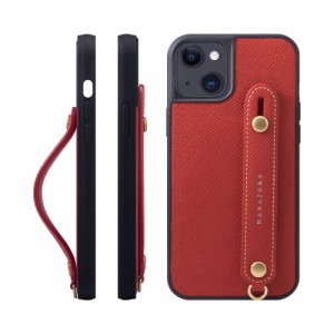 [HANATORA] iPhone 14 Plus ケース 本革 グリップケース エンボスレザー ストラップ付属 片手操作 スタンド機能 メンズ レディース レッ