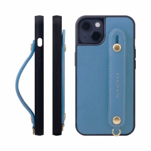 [HANATORA] iPhone 14 ケース 本革 グリップケース エンボスレザー ストラップ付属 片手操作 スタンド機能 メンズ レディース ブルー イ